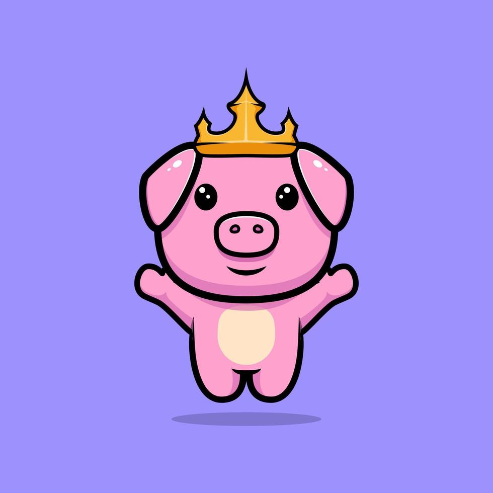 personnage de mascotte sautant roi cochon mignon. illustration d'icône d'animal vecteur