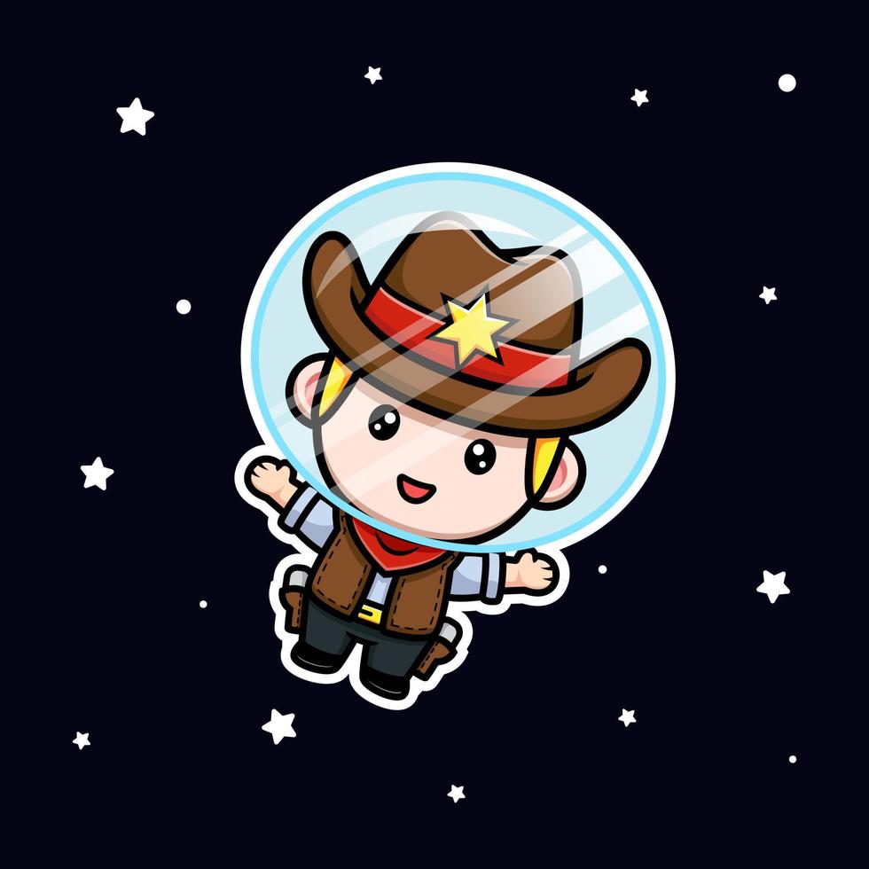 mignon petit cowboy flottant sur l'illustration de la mascotte de l'espace vecteur