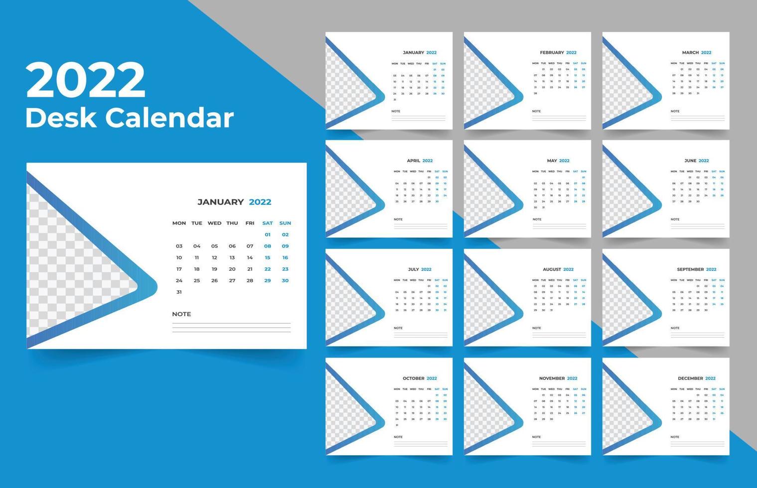 Planificateur de calendrier de bureau 2022. La semaine commence le lundi. modèle de calendrier annuel 2022. vecteur