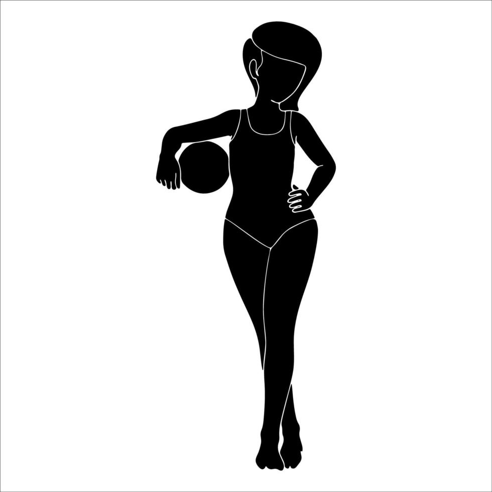 jolie fille avec ballon de plage, silhouette de personnage sur fond blanc. vecteur