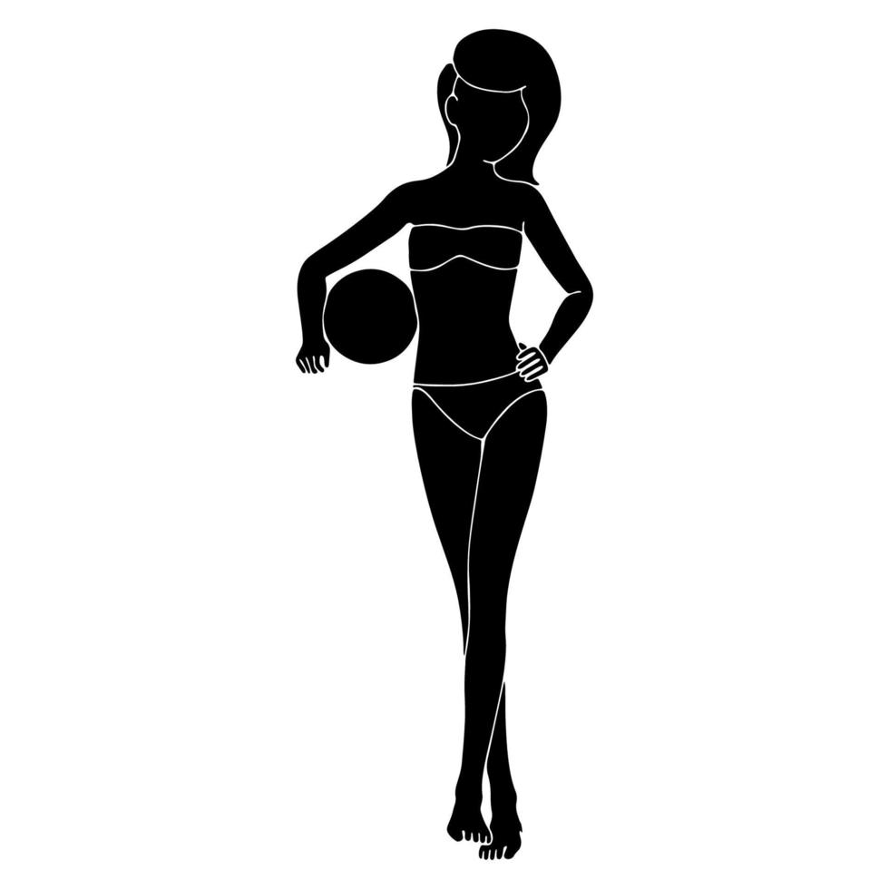 jolie fille avec ballon de plage, silhouette de personnage sur fond blanc. vecteur