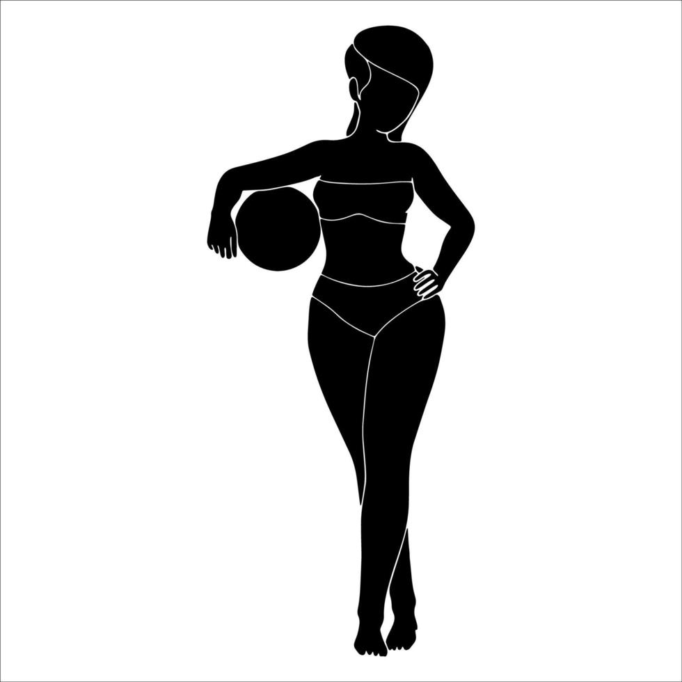 jolie fille avec ballon de plage, silhouette de personnage sur fond blanc. vecteur