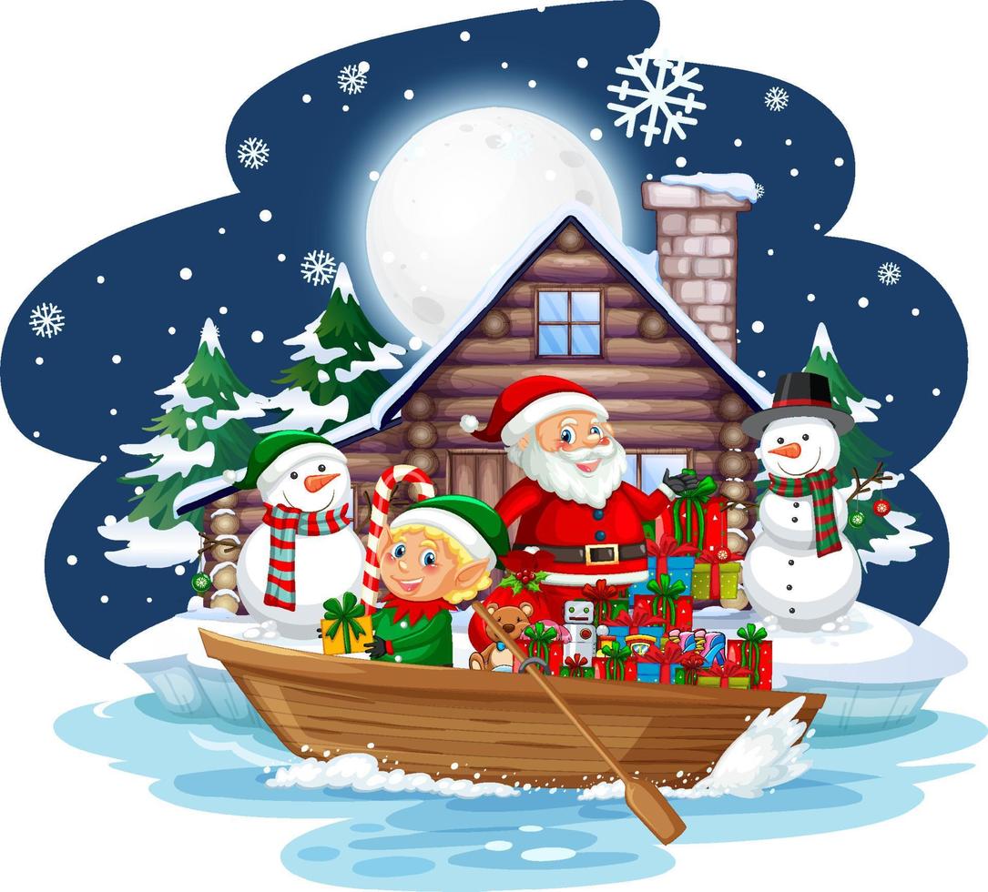 nuit enneigée avec le père Noël et les elfes livrant des cadeaux en bateau vecteur