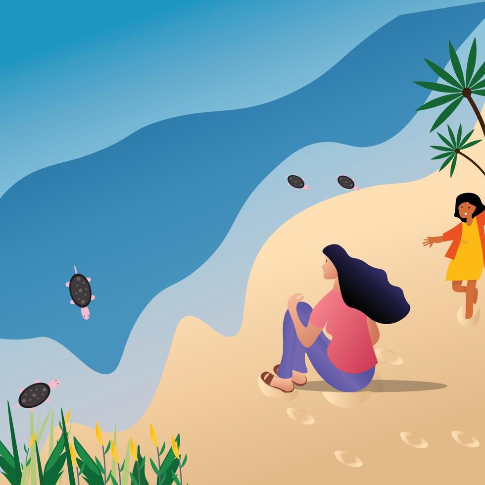 illustration vectorielle de femmes assises sur le sable de la plage avec une petite fille qui court. vecteur