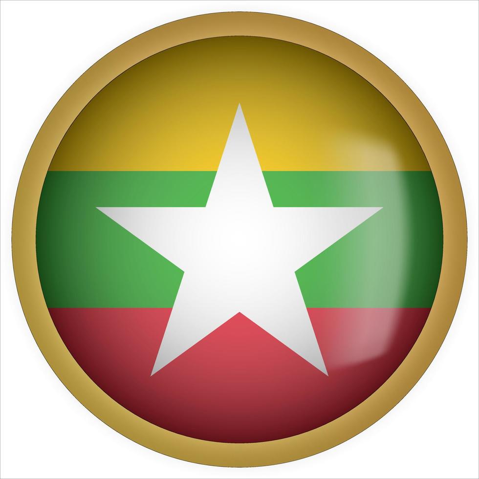 icône de bouton drapeau arrondi myanmar 3d avec cadre doré vecteur
