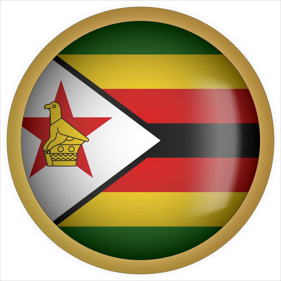 icône du bouton drapeau arrondi 3d du zimbabwe avec cadre doré vecteur