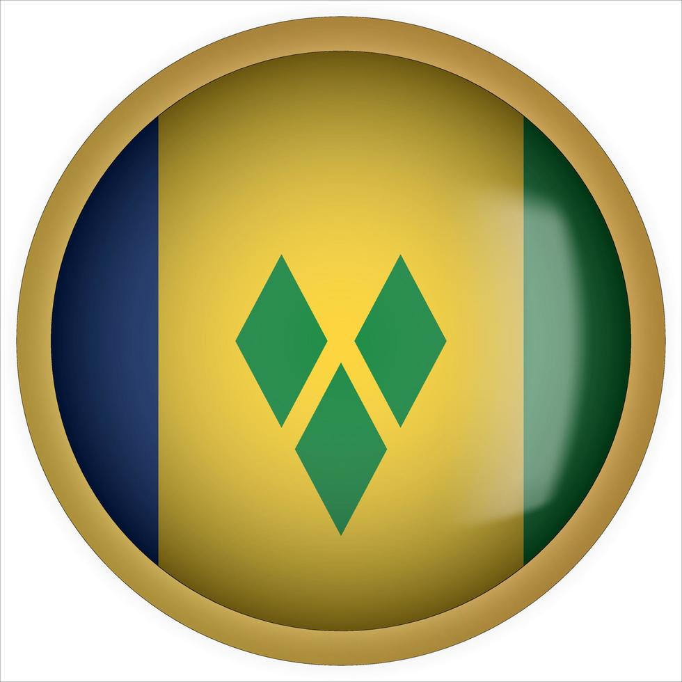 icône de bouton drapeau arrondi 3d saint vincent et les grenadines avec cadre doré vecteur