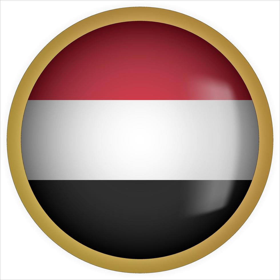 icône du bouton drapeau arrondi 3d du yémen avec cadre doré vecteur
