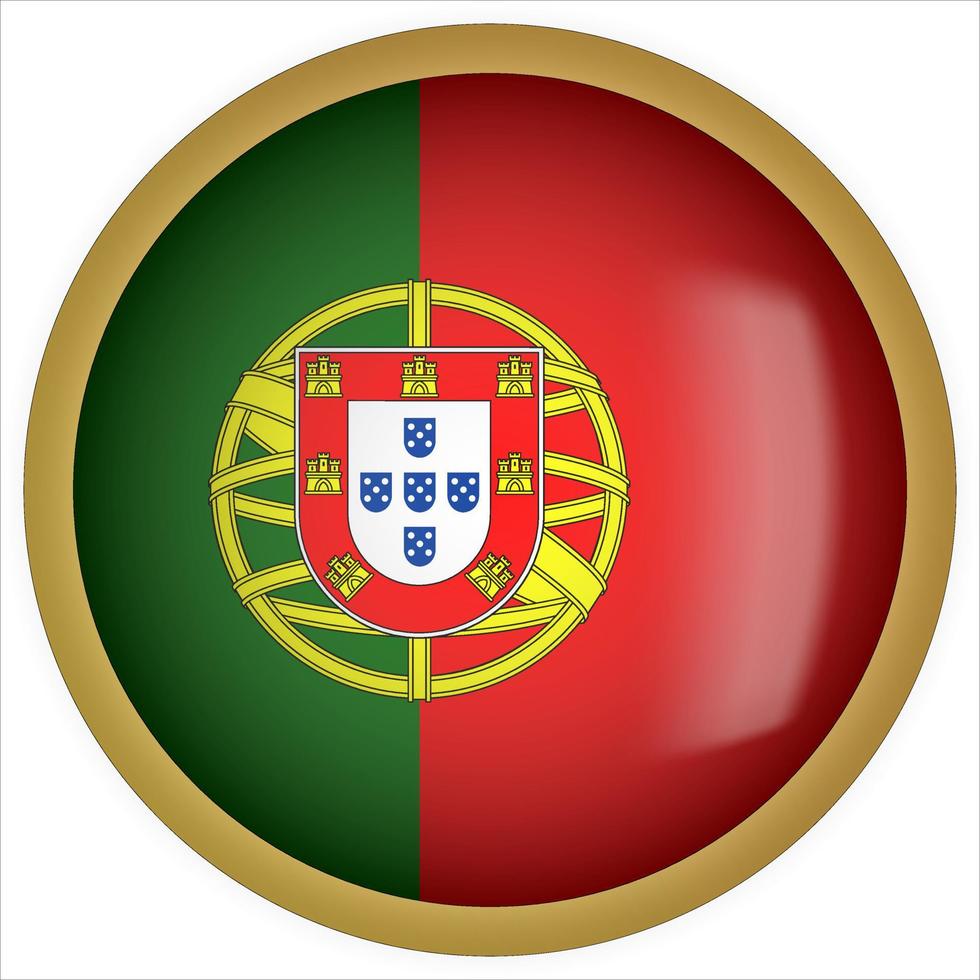 icône du bouton drapeau arrondi 3d du portugal avec cadre doré vecteur