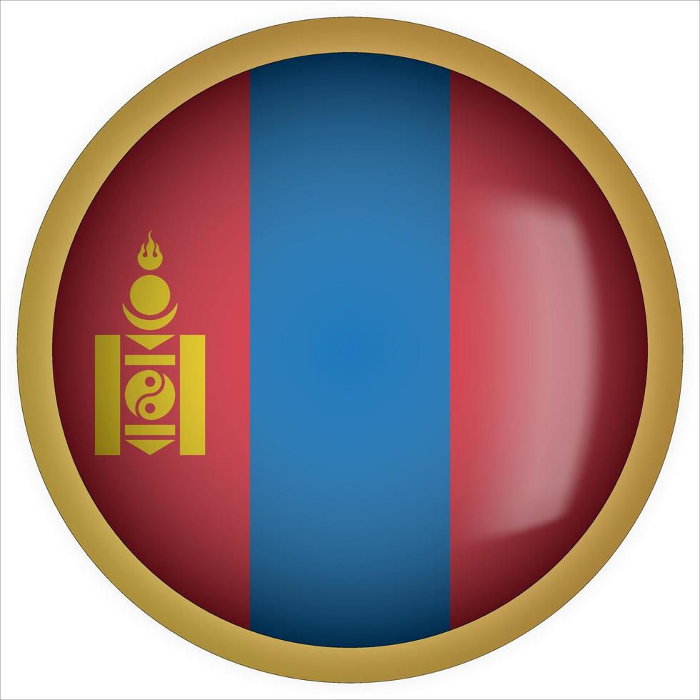 icône de bouton drapeau arrondi mongolie 3d avec cadre doré vecteur