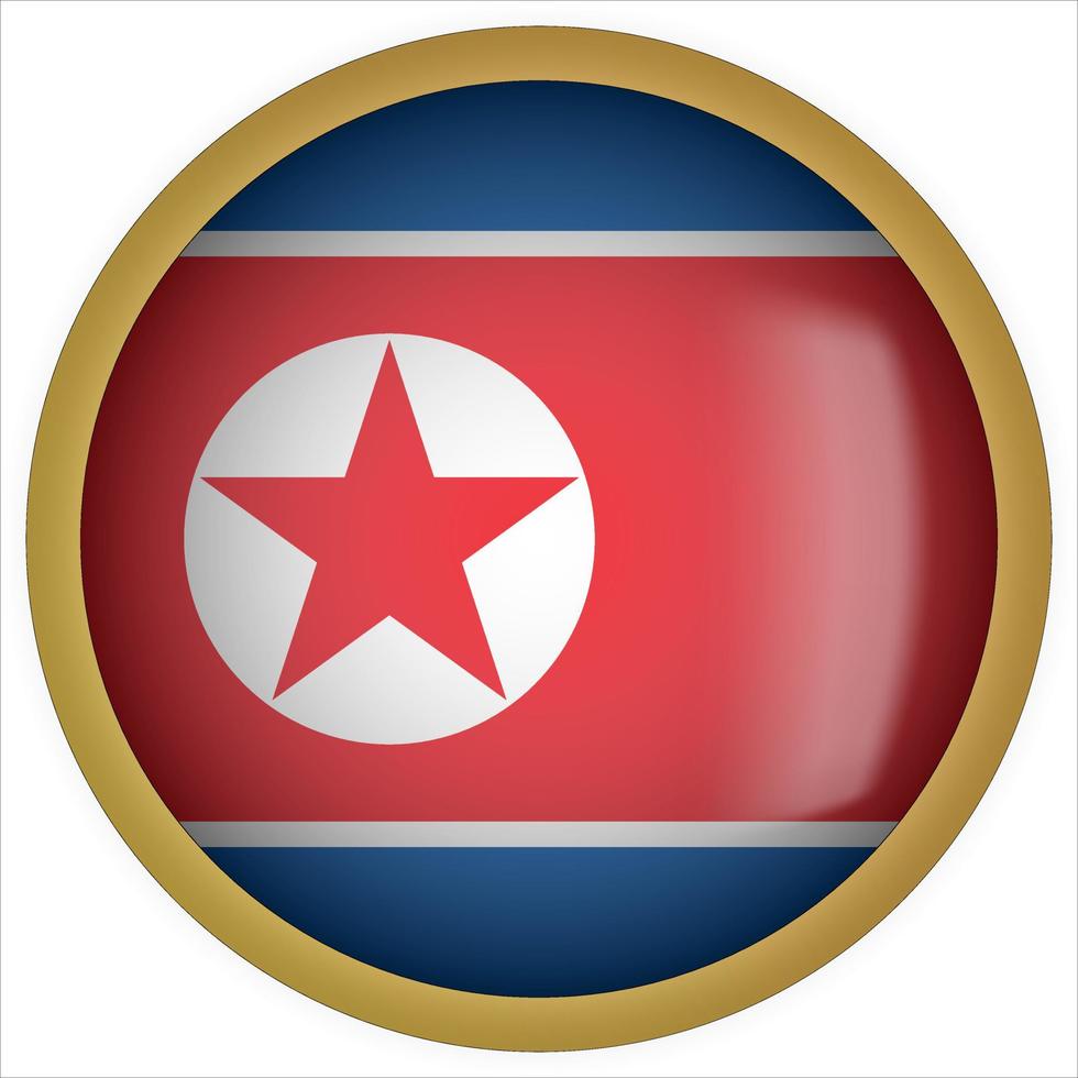 icône de bouton de drapeau arrondi 3d de la corée du nord avec cadre doré vecteur