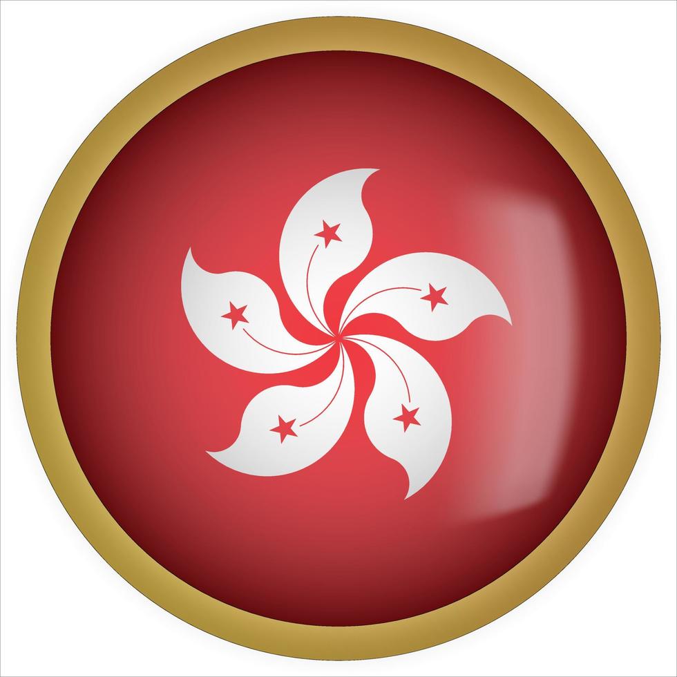 icône de bouton drapeau arrondi 3d de hong kong avec cadre doré vecteur