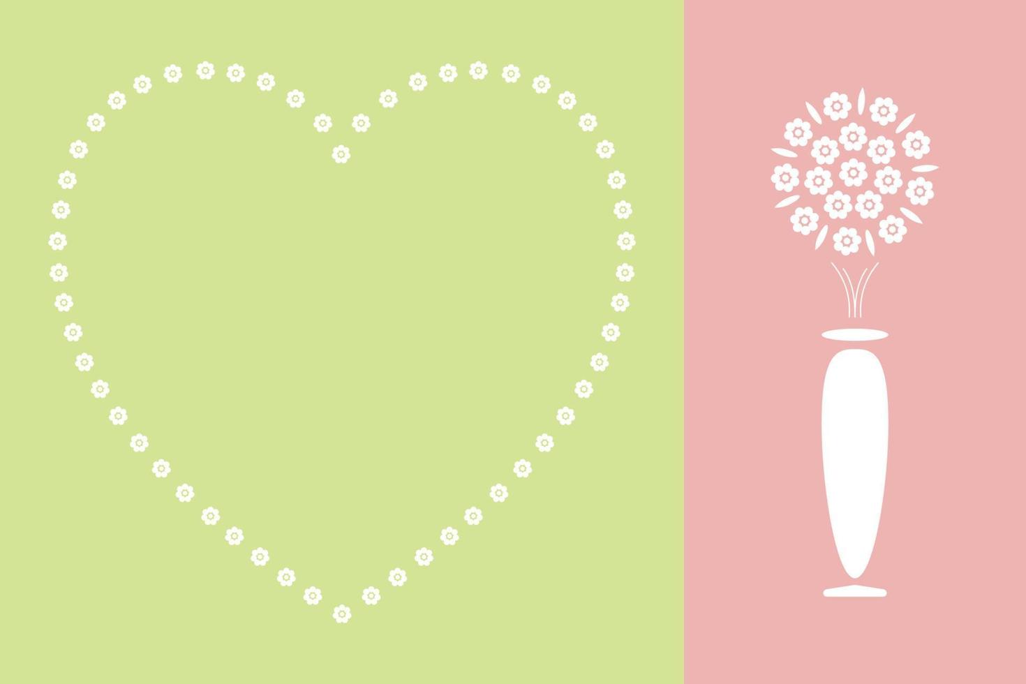 carte de Saint-Valentin, fleurs blanches disposées en forme de coeur et fleurs dans un vase sur fond de couleur pastel. illustration vectorielle. vecteur