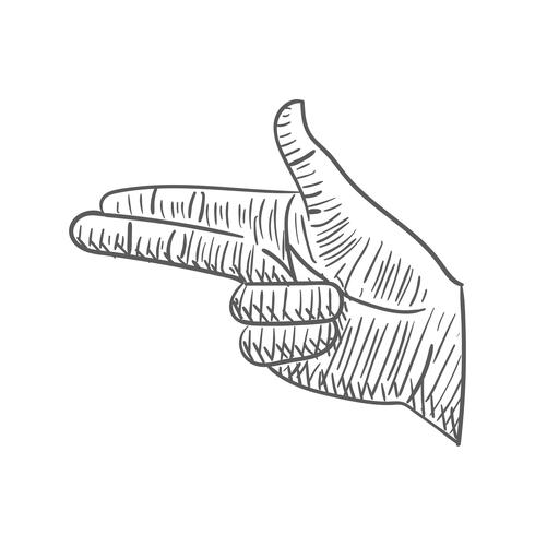 Signe de pointage main comme un pistolet avec deux doigts dans la main dessin doodle à hacher symbole d&#39;icône illustration style vintage vecteur