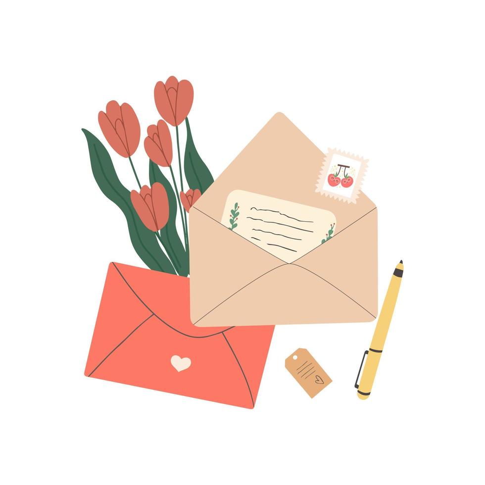 enveloppe ouverte avec lettre manuscrite en papier. tulipes de printemps en cadeau. le concept de félicitations pour la saint valentin. illustration vectorielle plane du courrier isolé sur fond blanc. vecteur