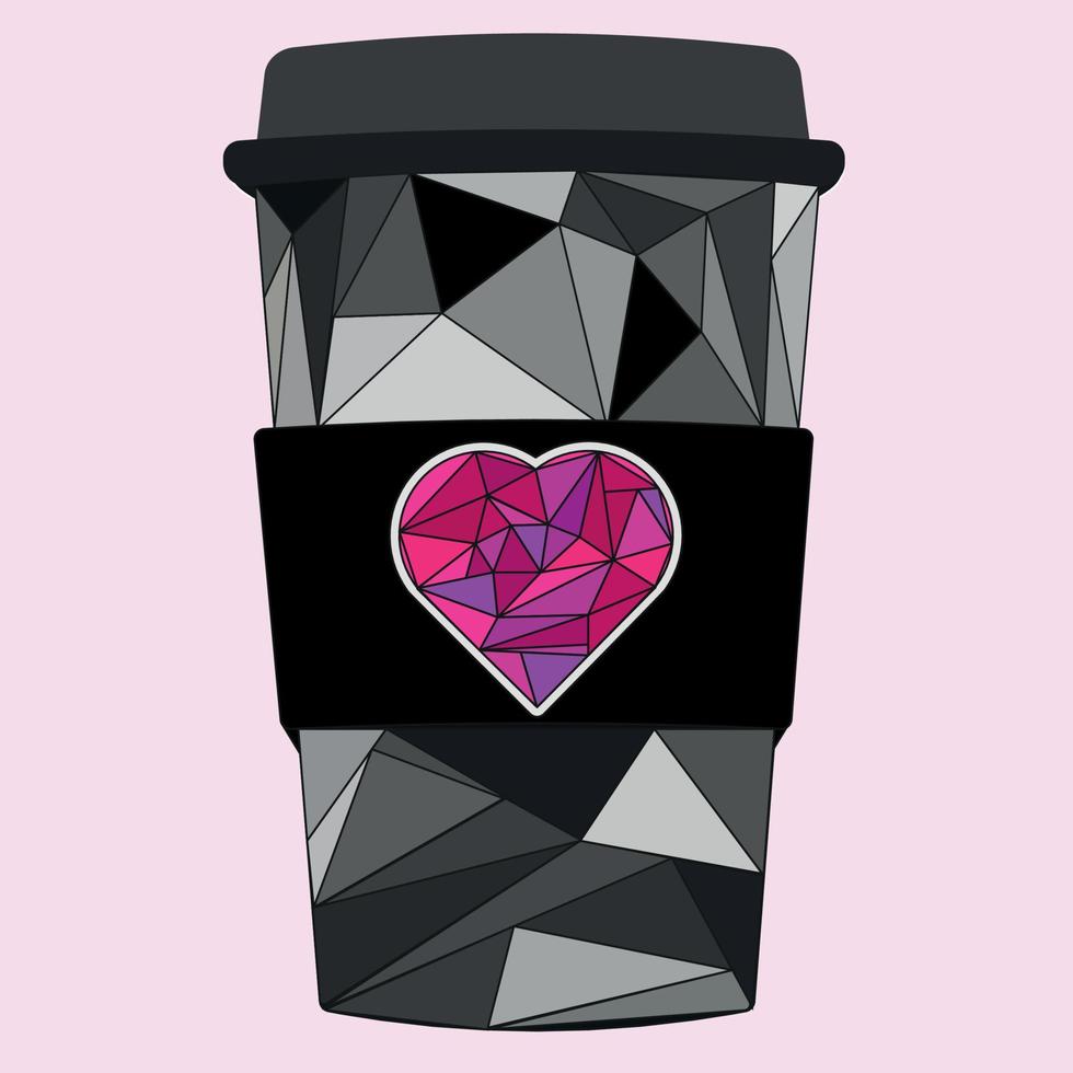 tasse de boisson chaude jetable conçue sur mesure avec un coeur en cristal et un fond gris dans un style low poly. vecteur