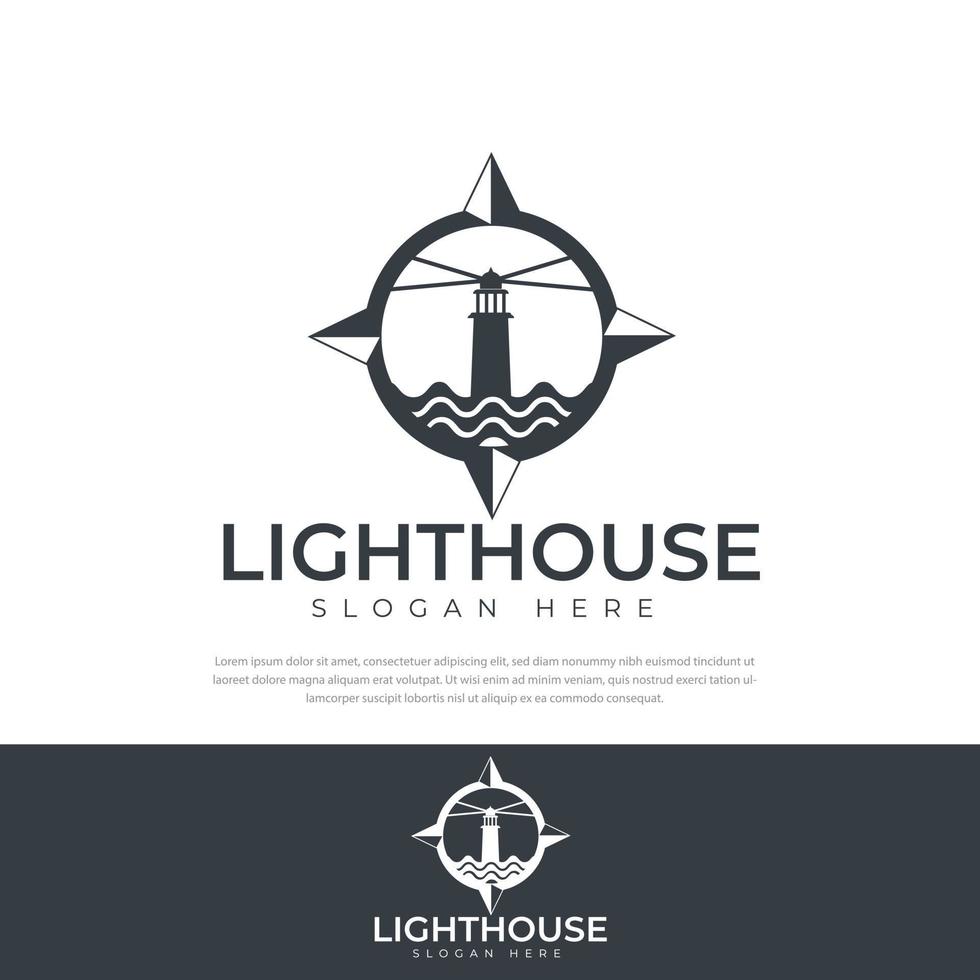 création de logo phare et vague avec illustration vectorielle de boussole design premium vecteur