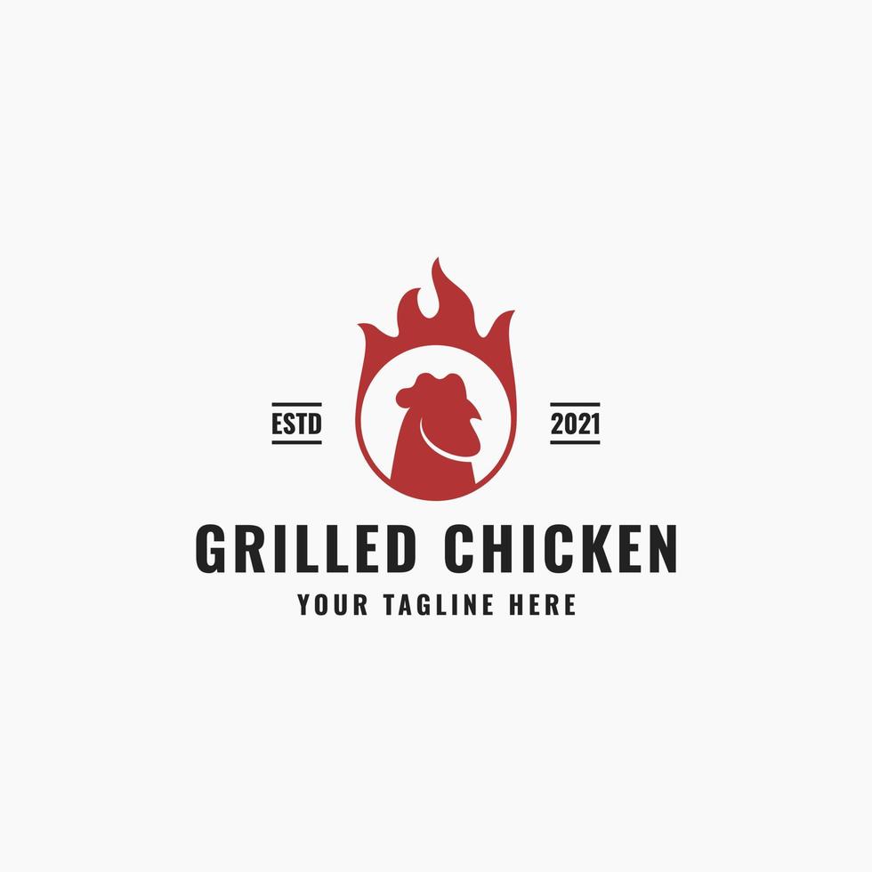 logo de poulet rustique vintage, silhouette de poulet de poule grillé avec feu de barbecue rouge fumant, modèle d'icône d'étiquette de symbole de logo de poulet de chair, adapté aux stands de nourriture, restaurant, boucherie, boucherie vecteur