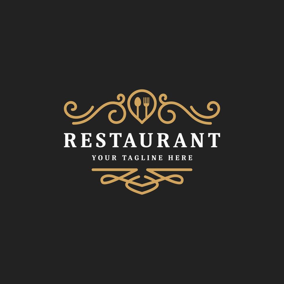 modèle de logo de restaurant ou de café de luxe royal s'épanouir ligne d'ornement, symbole d'icône de bistro rétro vintage, adapté aux entreprises alimentaires vecteur