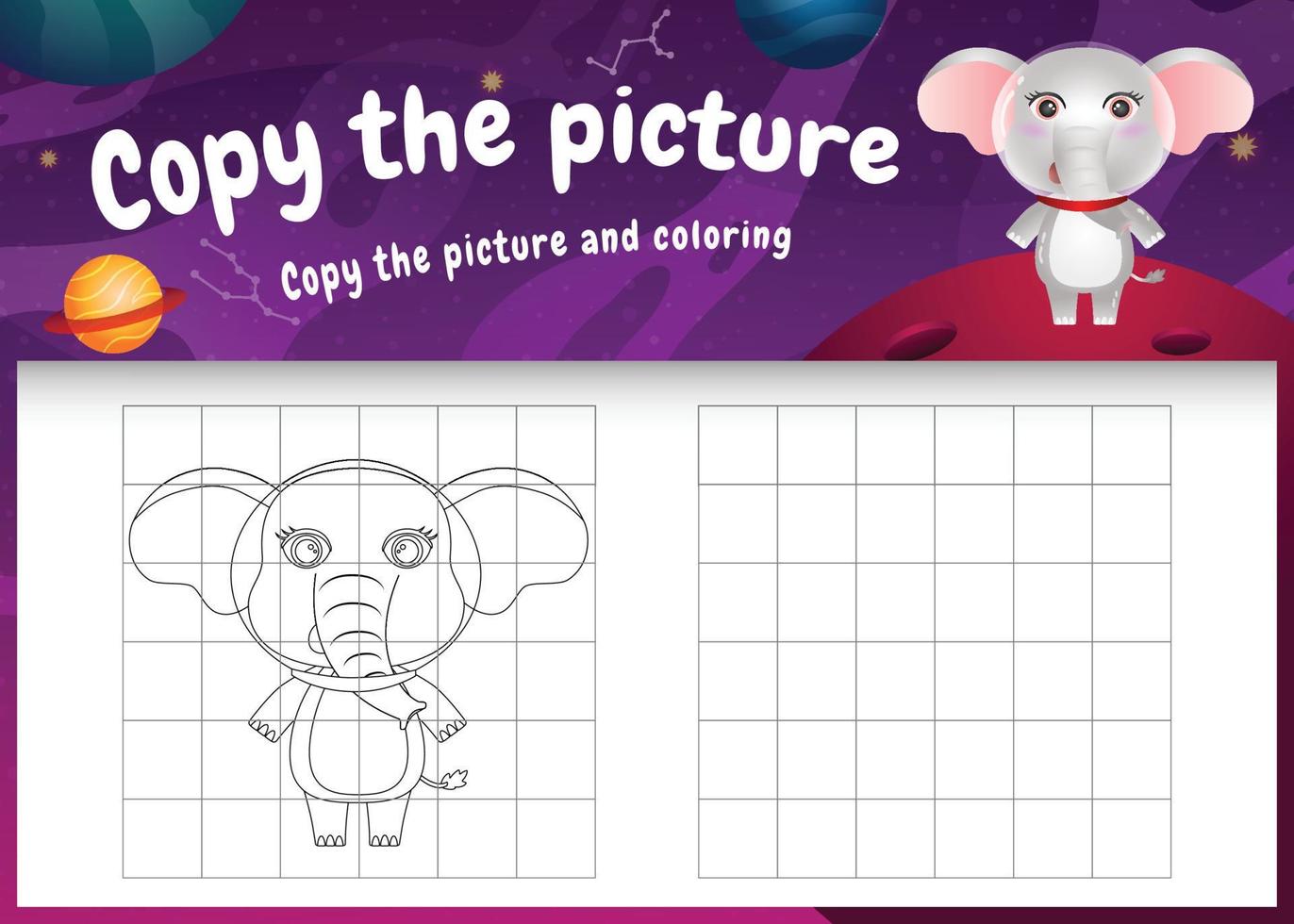 copiez le jeu d'enfants et la page de coloriage avec un éléphant mignon dans la galaxie de l'espace vecteur