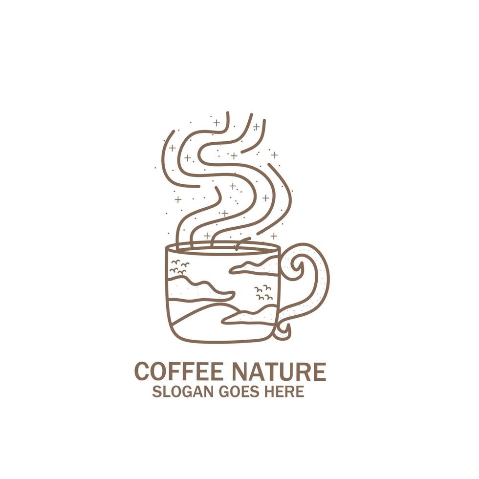 logo vintage, tasse à café, montagne, poêle à frire, nature, assortiment de café. feuilles rétro vintage avec des grains de café pour la conception de logo d'étiquette de café ou de produit agricole, vecteur