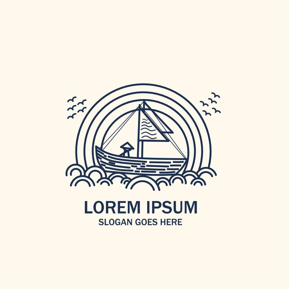 conception d'illustration de logo vintage de pêcheur, océan le soir, matin, belle vue sur l'océan vecteur