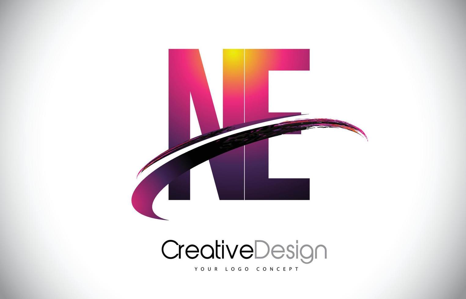 logo de lettre ne ne violet avec un design swoosh. logo vectoriel créatif magenta lettres modernes.