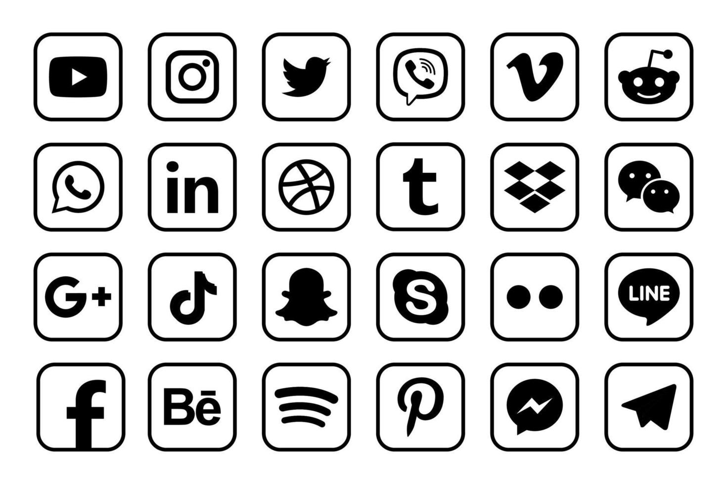 définir des icônes de médias sociaux populaires. facebook, instagram, twitter, youtube, pinterest, behance, google plus, linkedin, whatsapp, snapchat, tic tac, tumblr, spotify, dropbox et bien d'autres vecteur