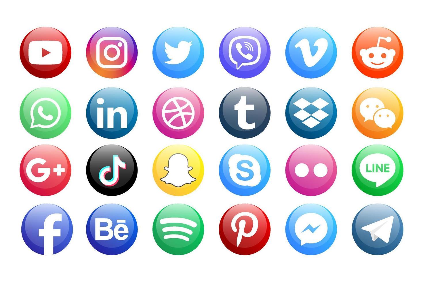 définir des icônes de médias sociaux populaires. facebook, instagram, twitter, youtube, pinterest, behance, google plus, linkedin, whatsapp, snapchat, tic tac, tumblr, spotify, dropbox et bien d'autres vecteur