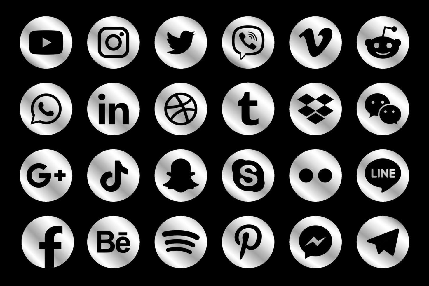 silver facebook, instagram, twitter, youtube, whatsapp, dribble, tiktok, linkedin, google plus, et bien d'autres collections d'argent d'icônes de médias sociaux populaires. vecteur