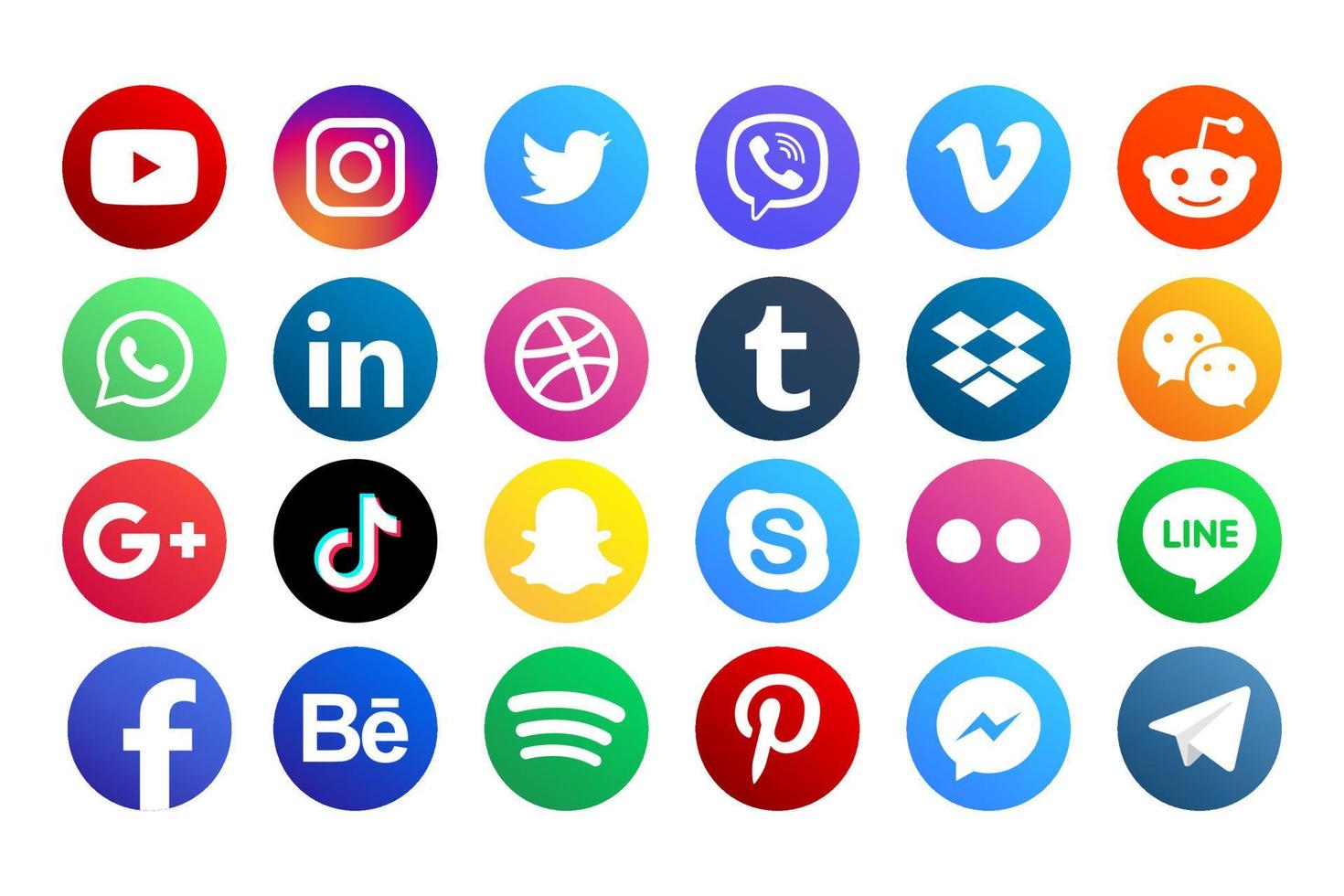 définir des icônes de médias sociaux populaires. facebook, instagram, twitter, youtube, pinterest, behance, google plus, linkedin, whatsapp, snapchat, tic tac, tumblr, spotify, dropbox et bien d'autres vecteur