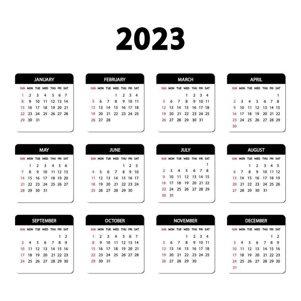 année civile 2023. la semaine commence le dimanche. modèle de calendrier anglais annuel 2023 vecteur