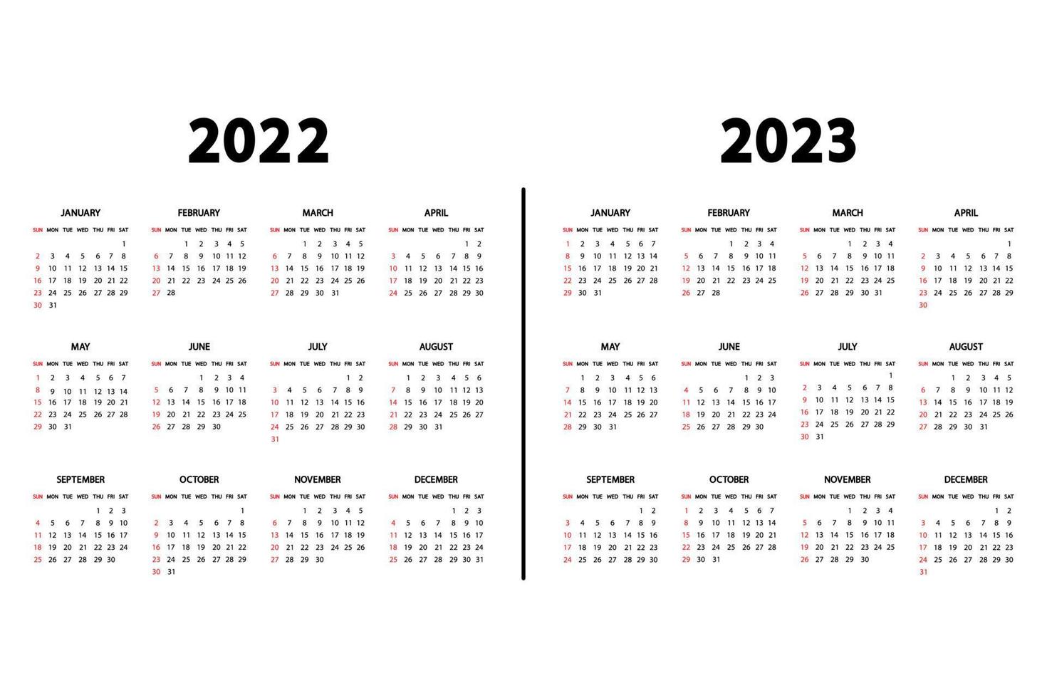 calendrier anglais 2022 et 2023 ans. la semaine commence le dimanche. calendrier annuel 2022, modèle 2023. modèle vertical de papeterie dans un design simple et minimal. orientation portrait vecteur