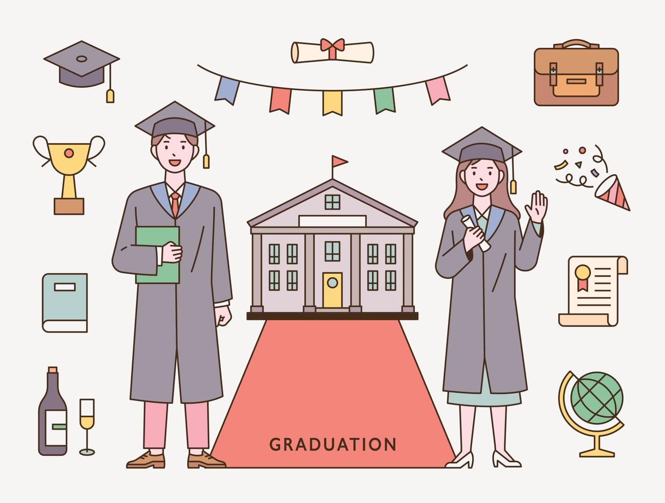 deux personnages diplômés portant des robes de graduation. vecteur