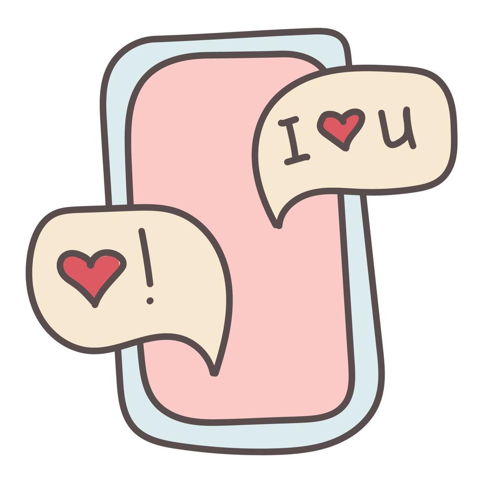 téléphone couleur avec message d'amour. doodle smartphone avec sms pour les vacances de la Saint-Valentin, message avec illustration vectorielle d'amour vecteur