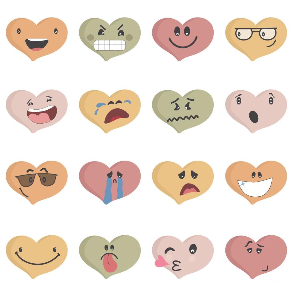 ensemble d'émoticônes coeur coloré. coeur fait face à diverses émotions. coeurs colorés différents. emoji fait face à un sourire d'émoticône, des sentiments d'émotion d'expression de smiley numérique, l'amour, la saint valentin vecteur