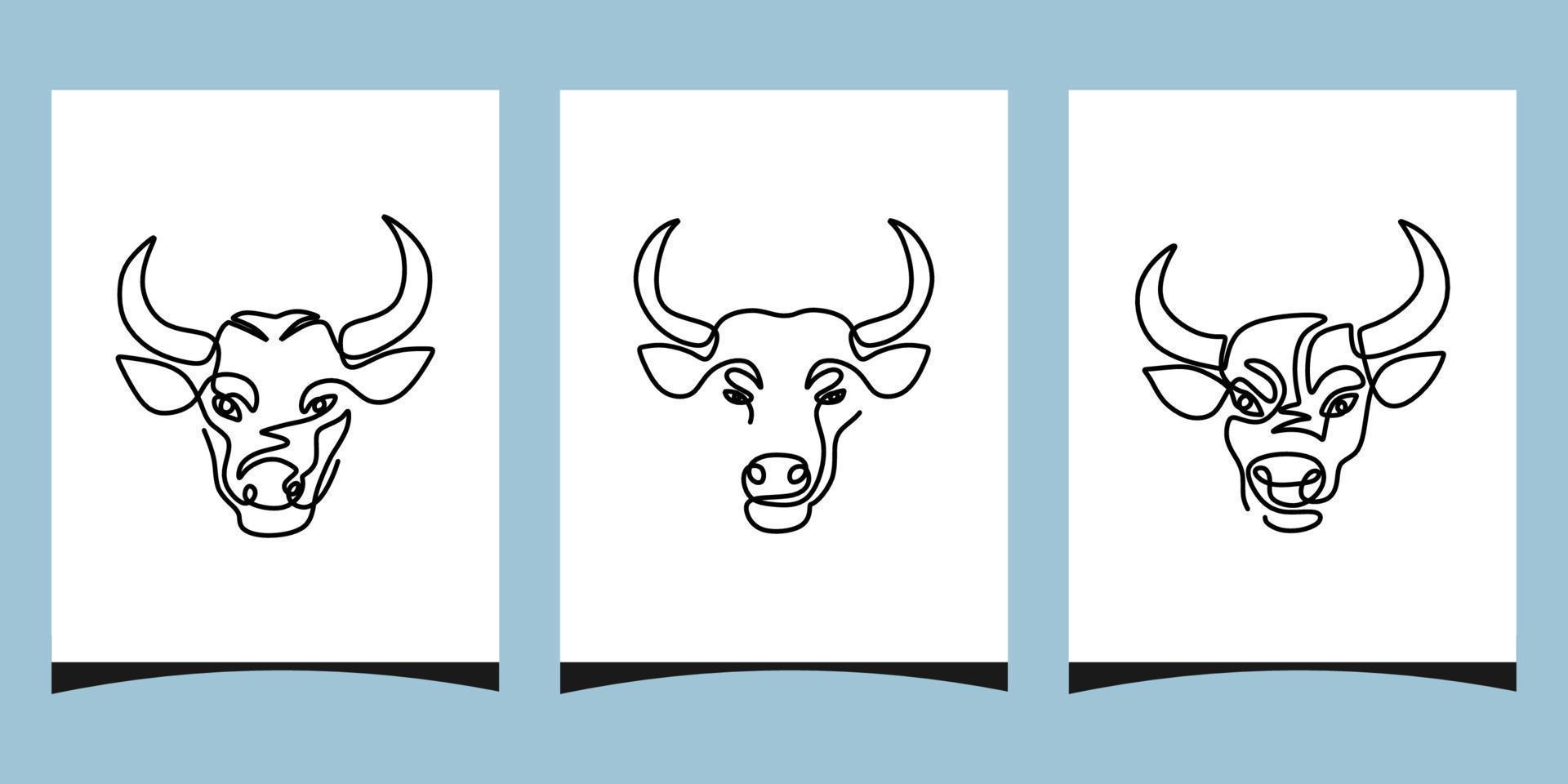 une seule ligne continue de trois affiches de têtes de bison. vecteur