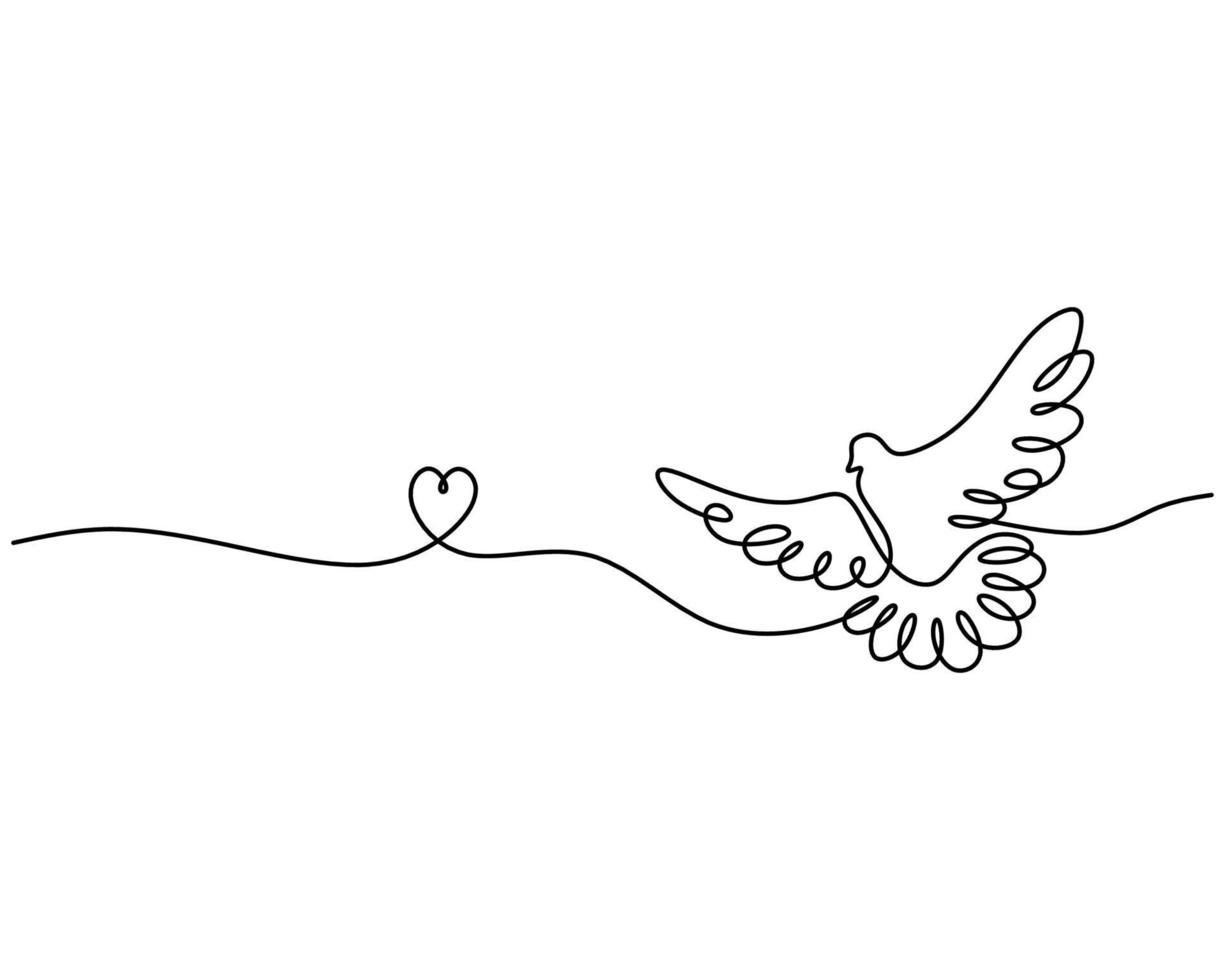 une seule ligne continue d'oiseau pigeon avec symbole de coeur d'amour vecteur