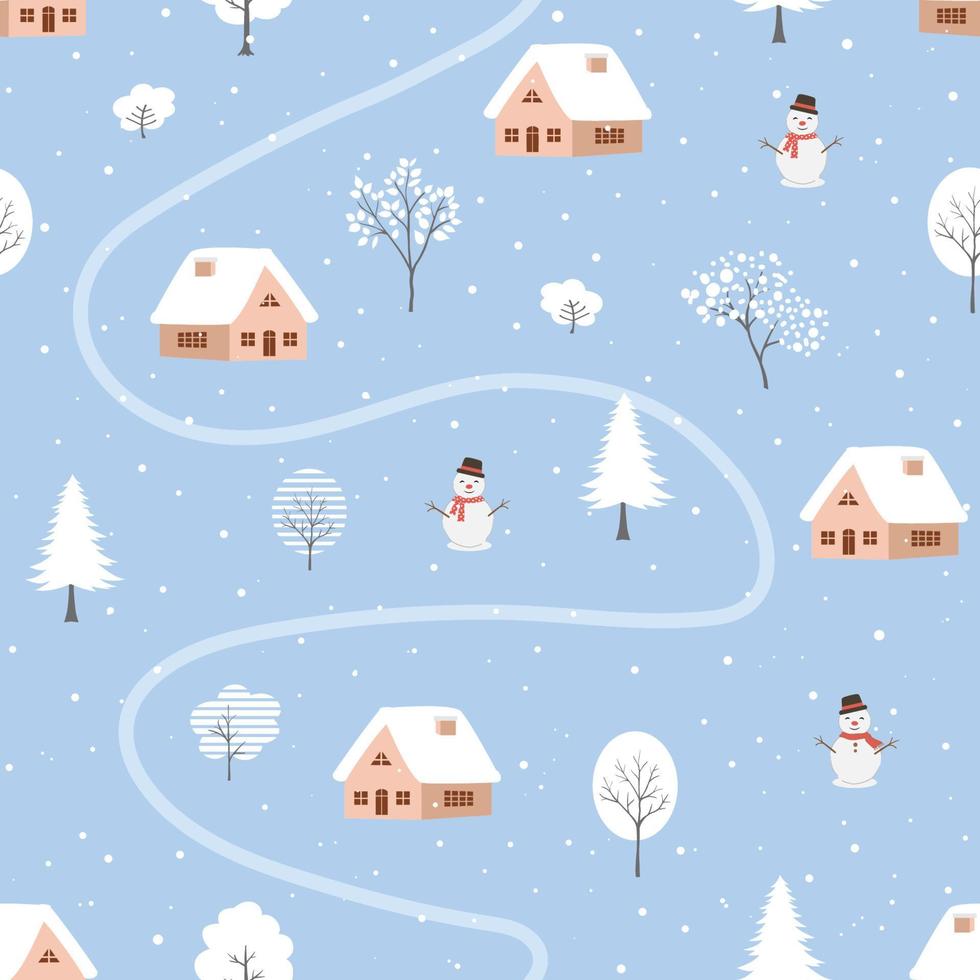 modèle sans couture d'hiver avec village mignon et chutes de neige sur fond bleu vecteur