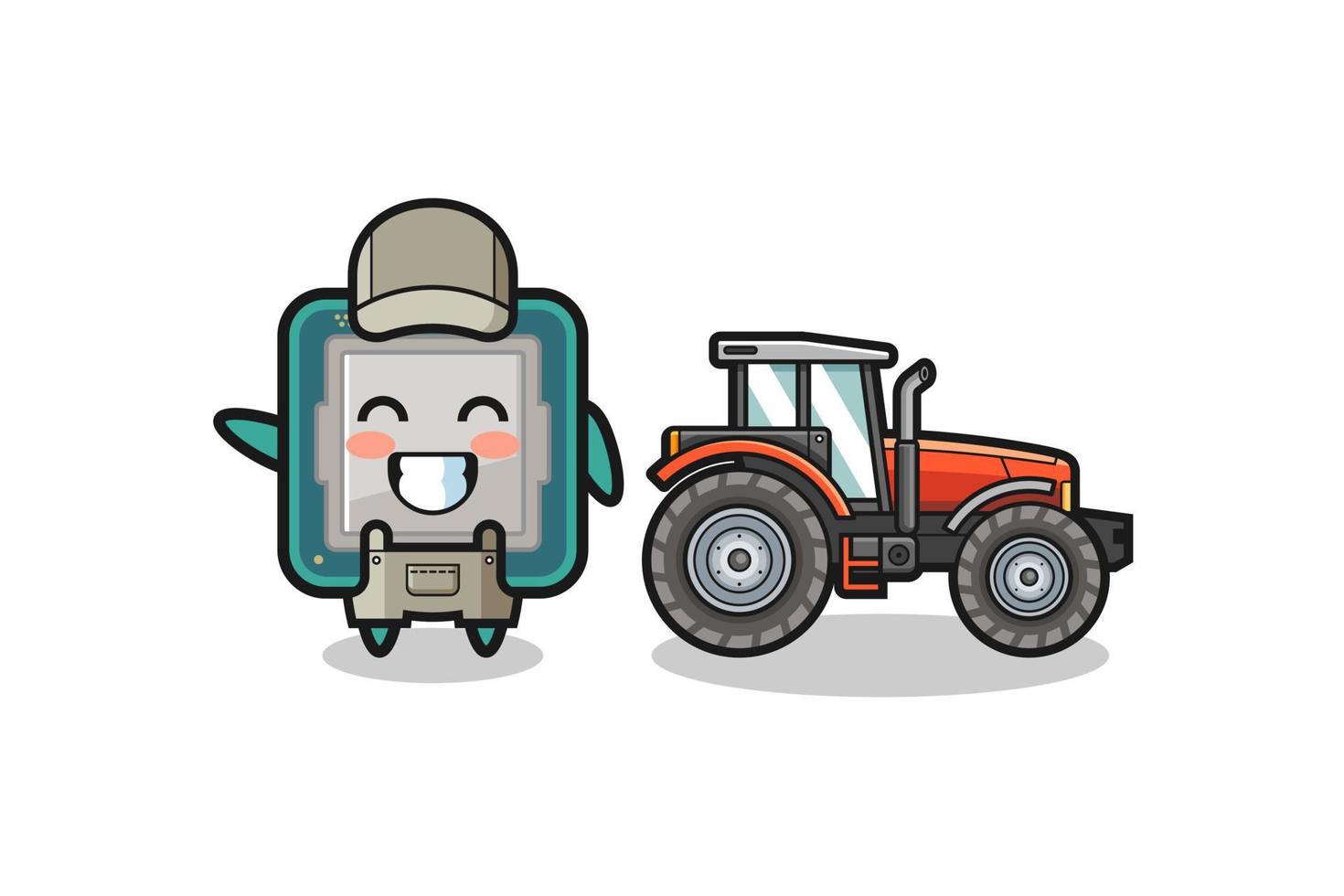 la mascotte de l'agriculteur transformateur debout à côté d'un tracteur vecteur