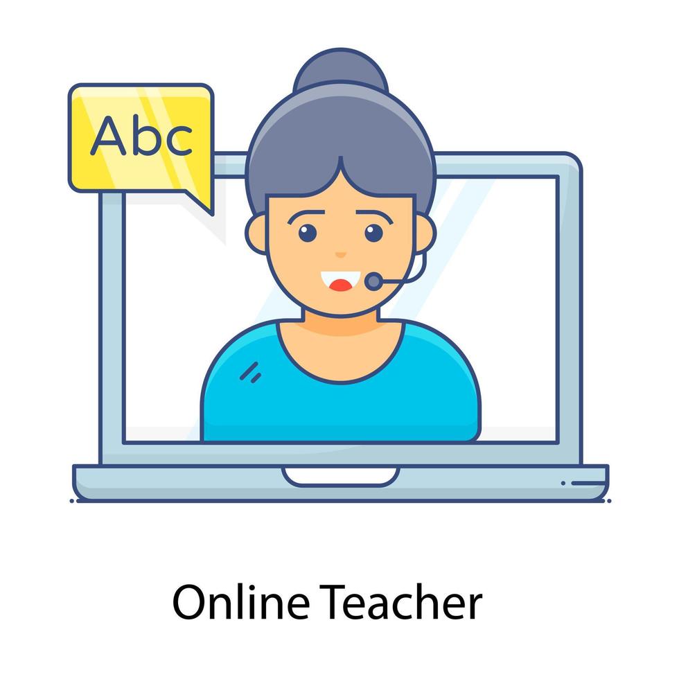 Avatar féminin à l'intérieur d'un ordinateur portable présentant l'icône du concept d'enseignant en ligne vecteur