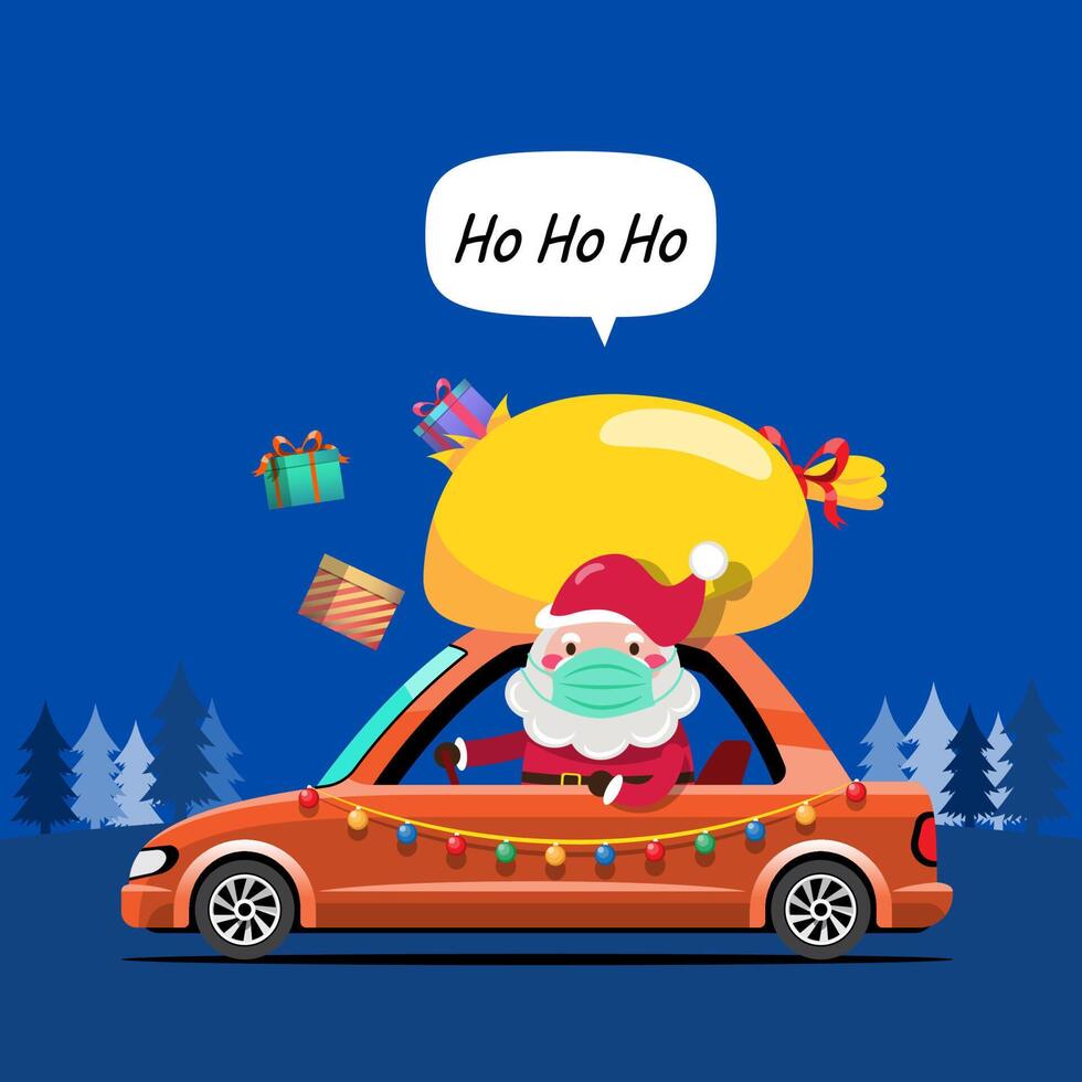 joyeux noël illustration vectorielle santa claus drive voiture berline avec sac conteneur beaucoup de boîte-cadeau. vecteur