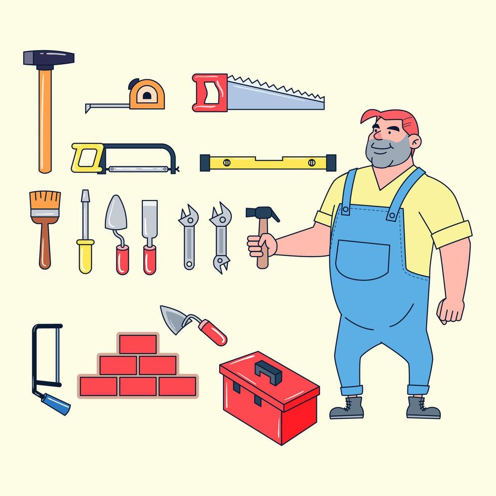constructeurs professionnels et outils de construction à utiliser tels que marteau, ruban à mesurer, scie, scie à fer, niveau d'eau, brosse, tournevis, lampe à plâtre, clé, boîte à outils, brique, bavoir, vecteur