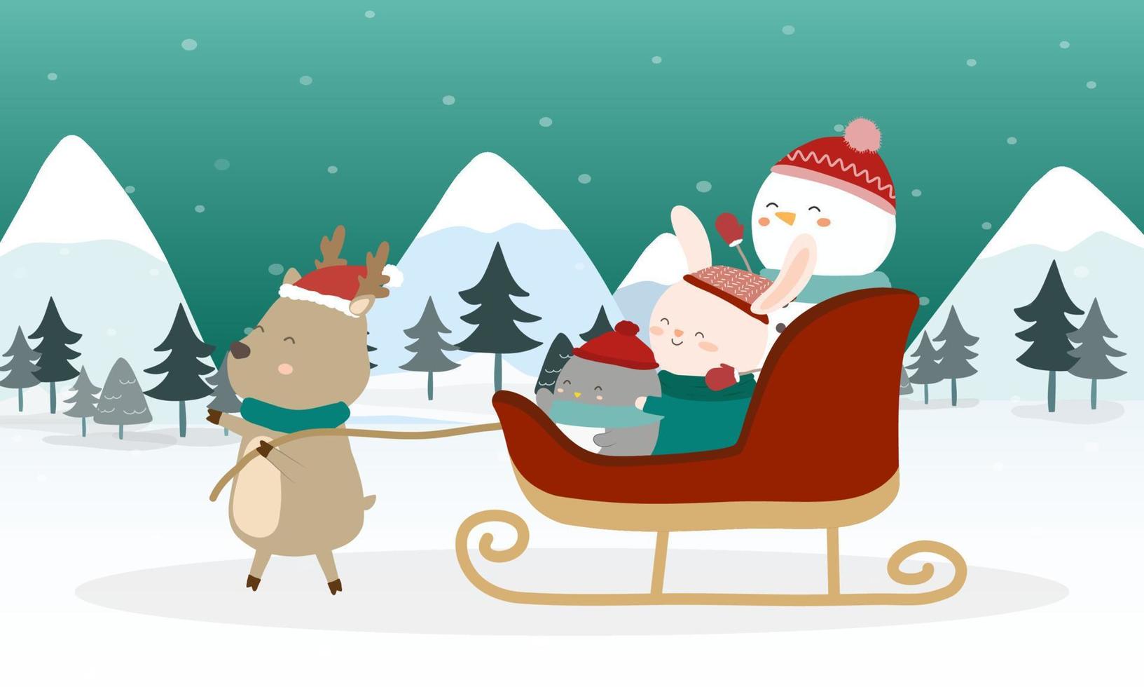 bonhomme de neige, lapin, pingouin avec traîneau de rennes dans l'élément de conception de scène d'hiver pour carte d'invitation, nouvel an, noël. vecteur