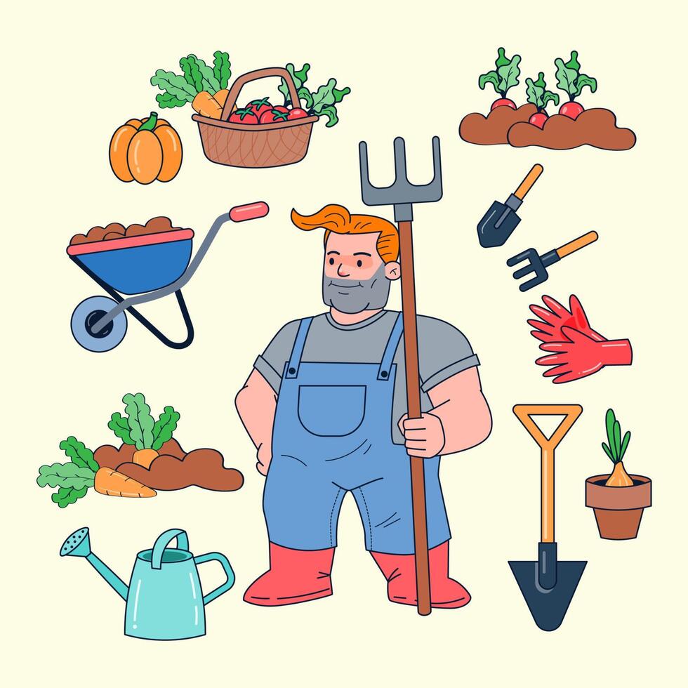 agriculteur de caractère avec des outils agricoles et des produits tels que pelle, pioche, fourche à paille, pots, gants, bottes, légumes, carottes, betteraves rouges, tomate, citrouille, chariot, arrosoir, échalote, terre, bavoir, vecteur