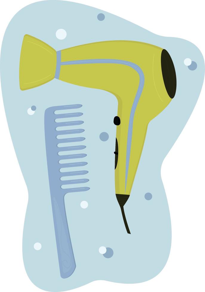 sèche-cheveux jaune de dessin animé et peigne bleu. coiffeurs, barbier. soins et coiffage des cheveux, peignage. ensemble d'illustration vectorielle plane vecteur