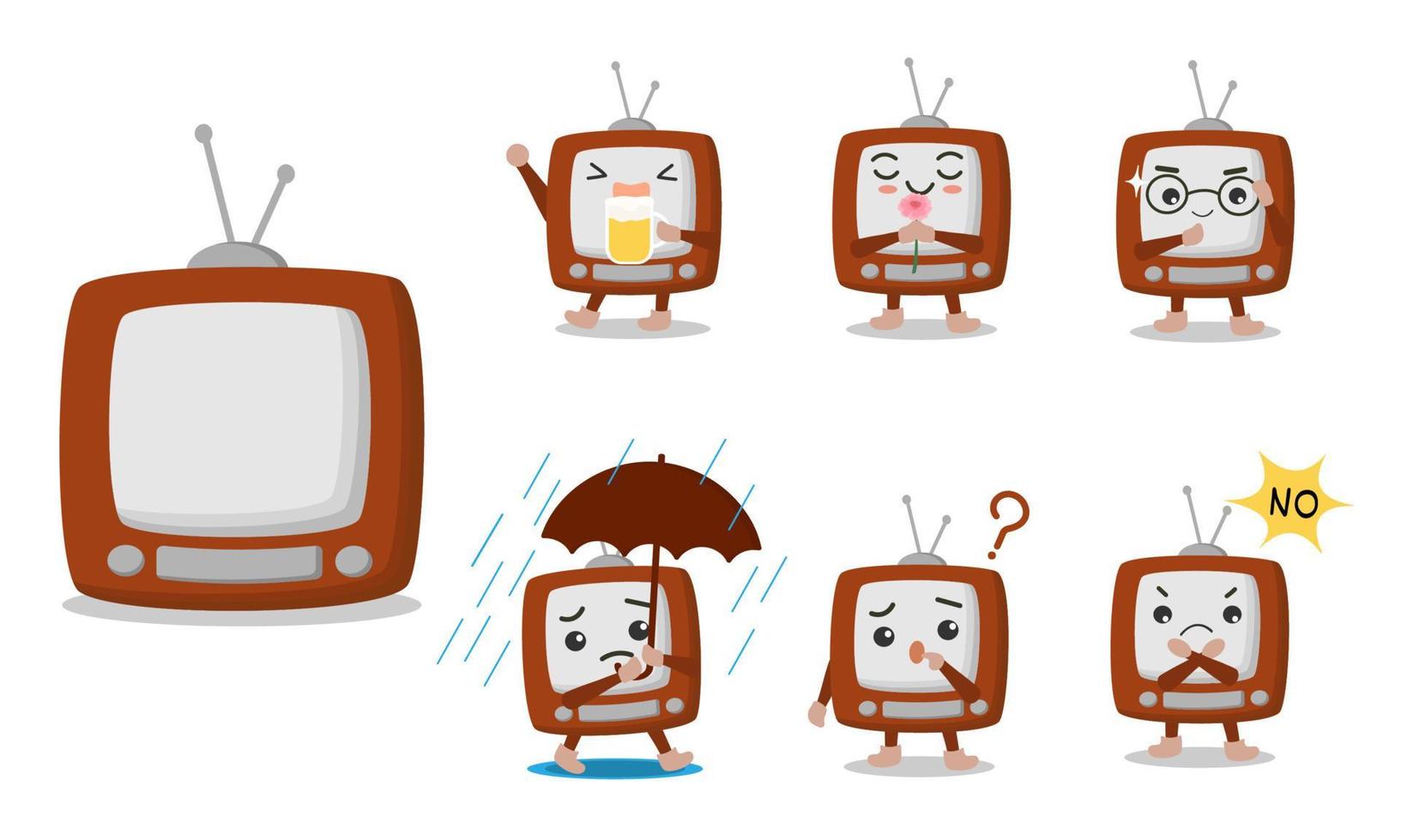 personnages de dessins animés télévisés dans diverses poses et émotions telles que la bière, renifler, porter des lunettes, pleuvoir, se demander, refuser. vecteur