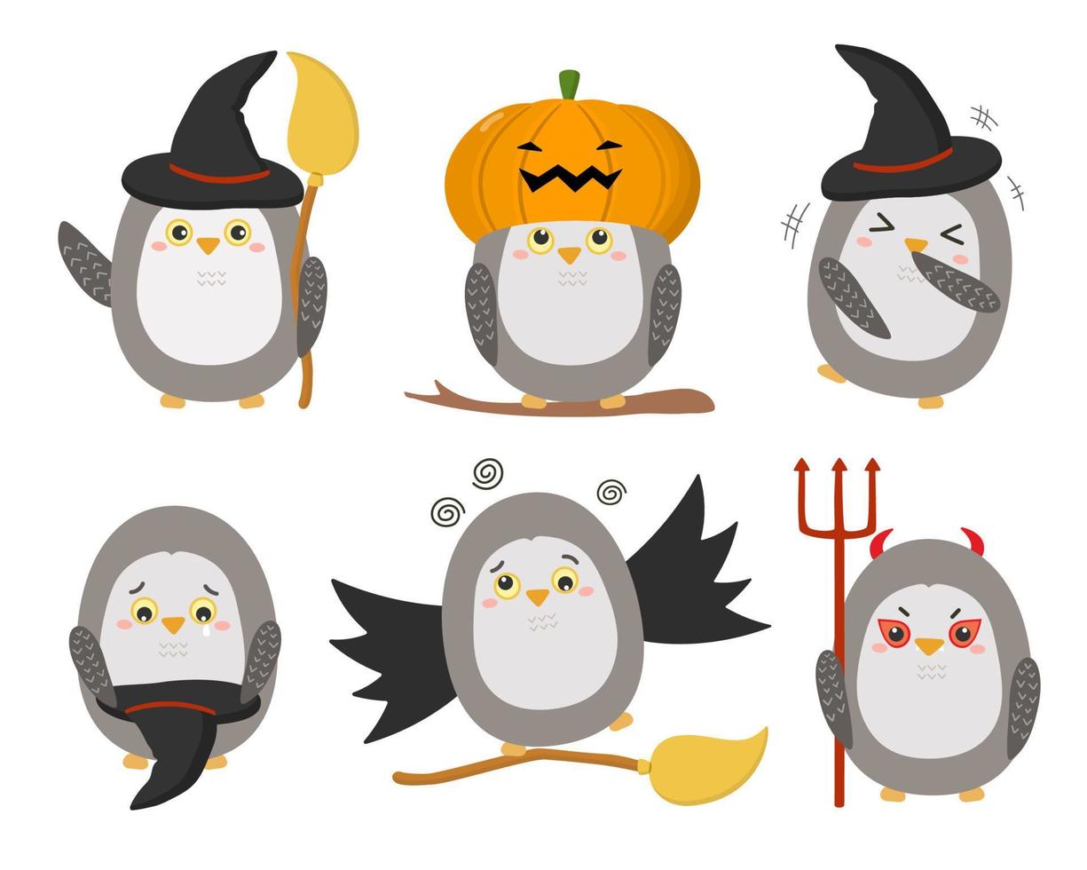 hiboux personnages animaux de diverses professions et posant tels que pingouins, balais, sorcières, chapeaux, citrouilles, diables, rires. vecteur