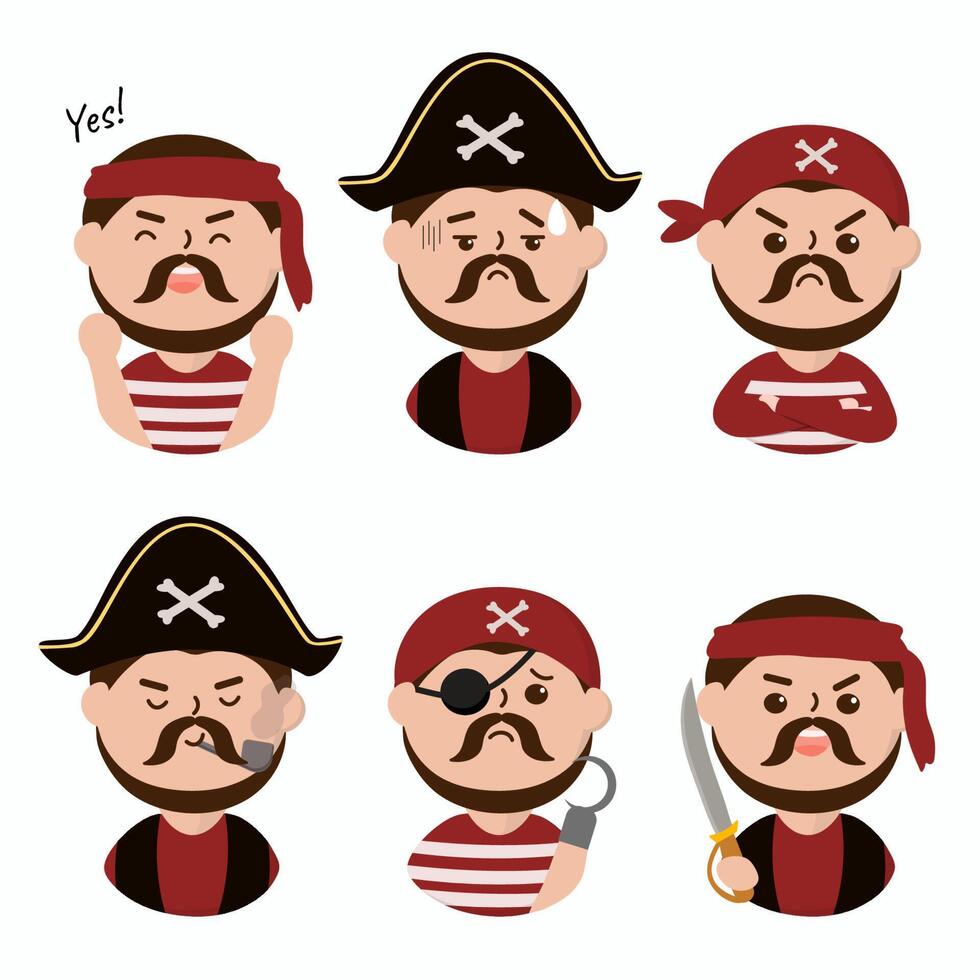personnages de dessins animés de pirates humains dans diverses poses et émotions telles que marin, chef, heureux, malade, confiant, crochet, épée. vecteur