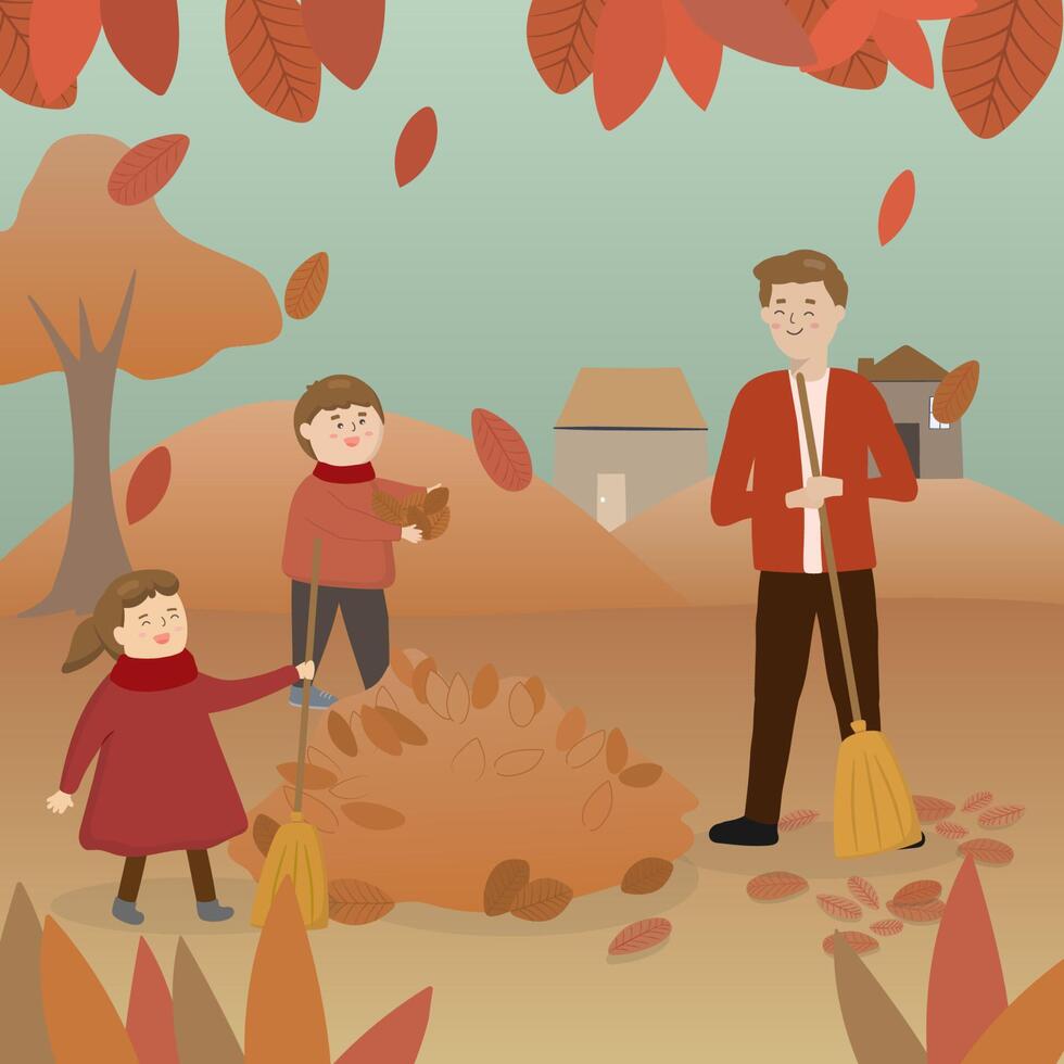 père et enfants balayant les feuilles en automne vecteur